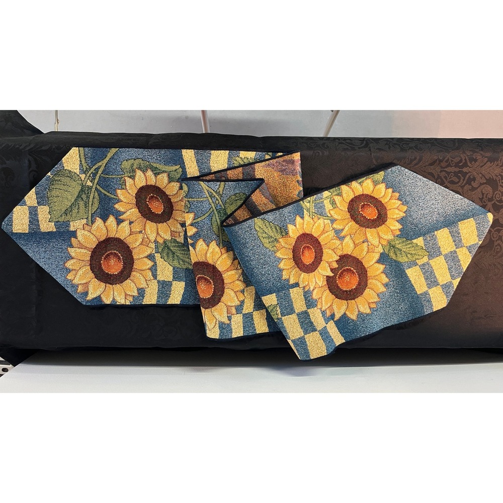 Sunflower Checkered Woven Tapestry Table Runner Country Farmhouse 13" x 70" Fall